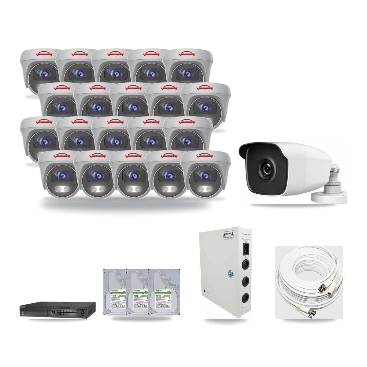 32-Channel 3MP – 5MP CCTV Kit — 1 3MP Bullet + 20 5MP Cameras + 3× 10TB Recording - Image 1