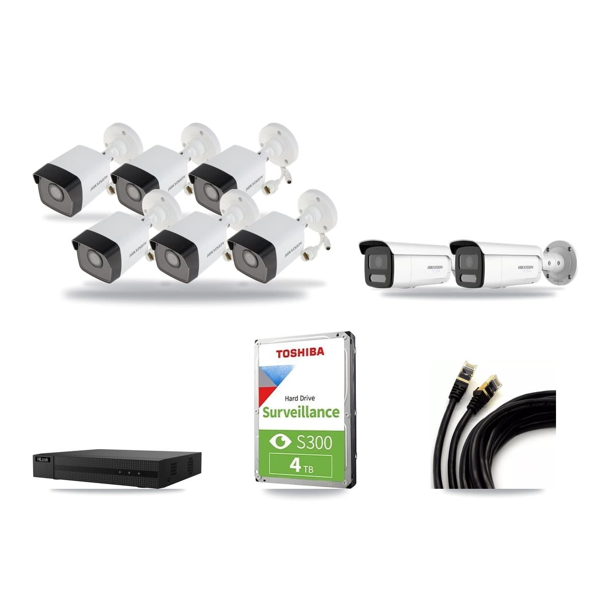 HiLook 8-channel CCTV kit: 8 cameras (6× 5MP Bullet + 2× 4K Bullet), 4TB hard drive