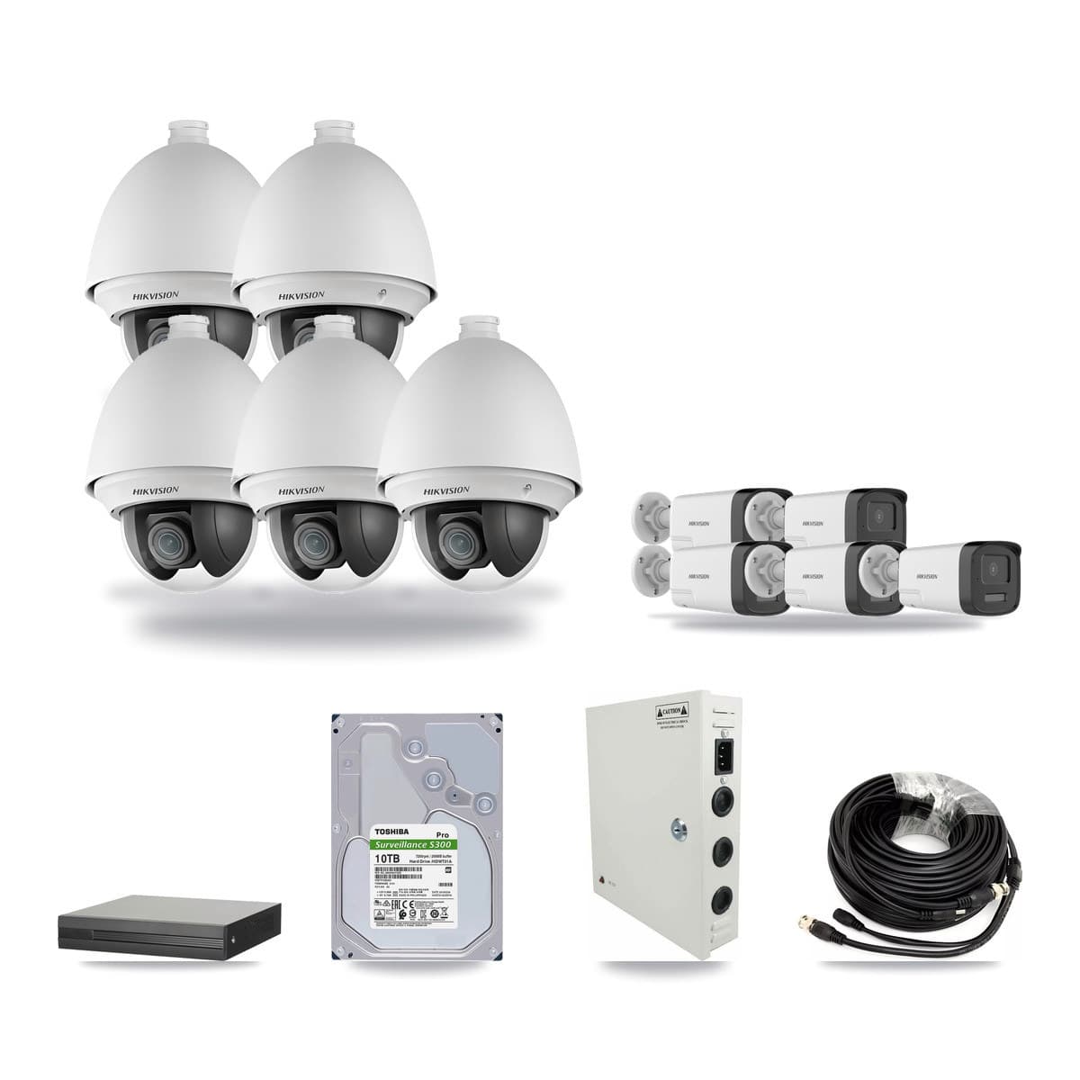 16-channel CCTV kit: 10 cameras (5× 2MP PTZ + 5× 5MP Bullet), 10TB hard drive