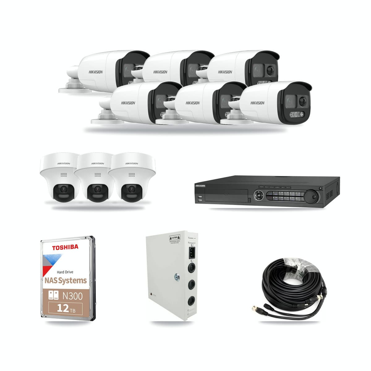Hikvision 32-channel CCTV kit: 9 cameras (6× 5MP Bullet + 3× 5MP Turret), 12TB hard drive