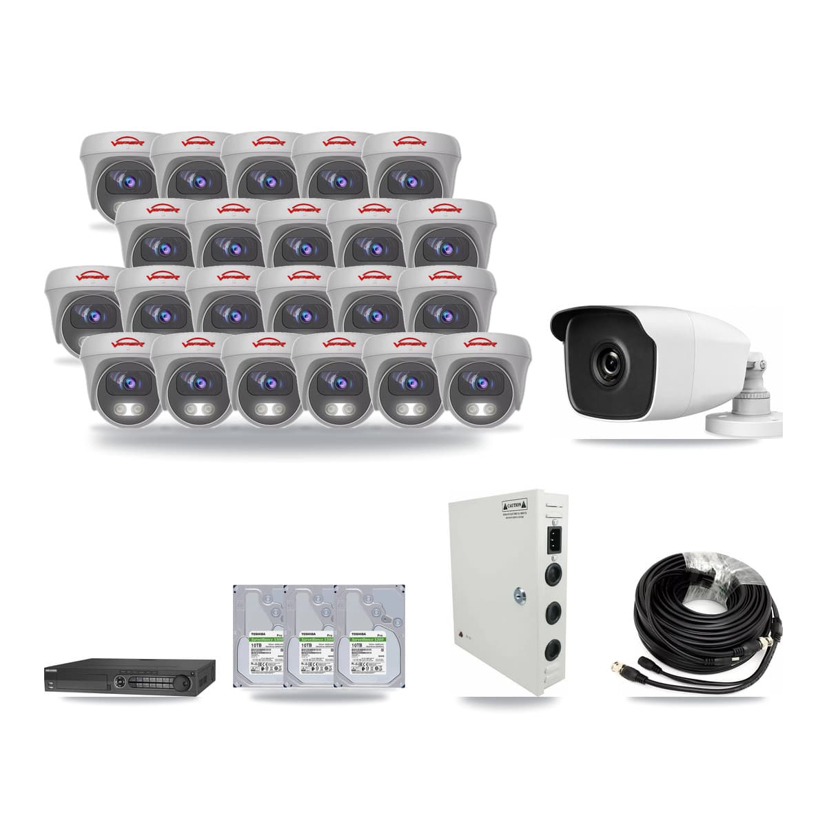 32-Channel 3MP – 5MP CCTV Kit — 1 3MP Bullet + 22 White 5MP Cameras + 3× 10TB Recording (IDS-7332HUHI Recorder) - Image 1