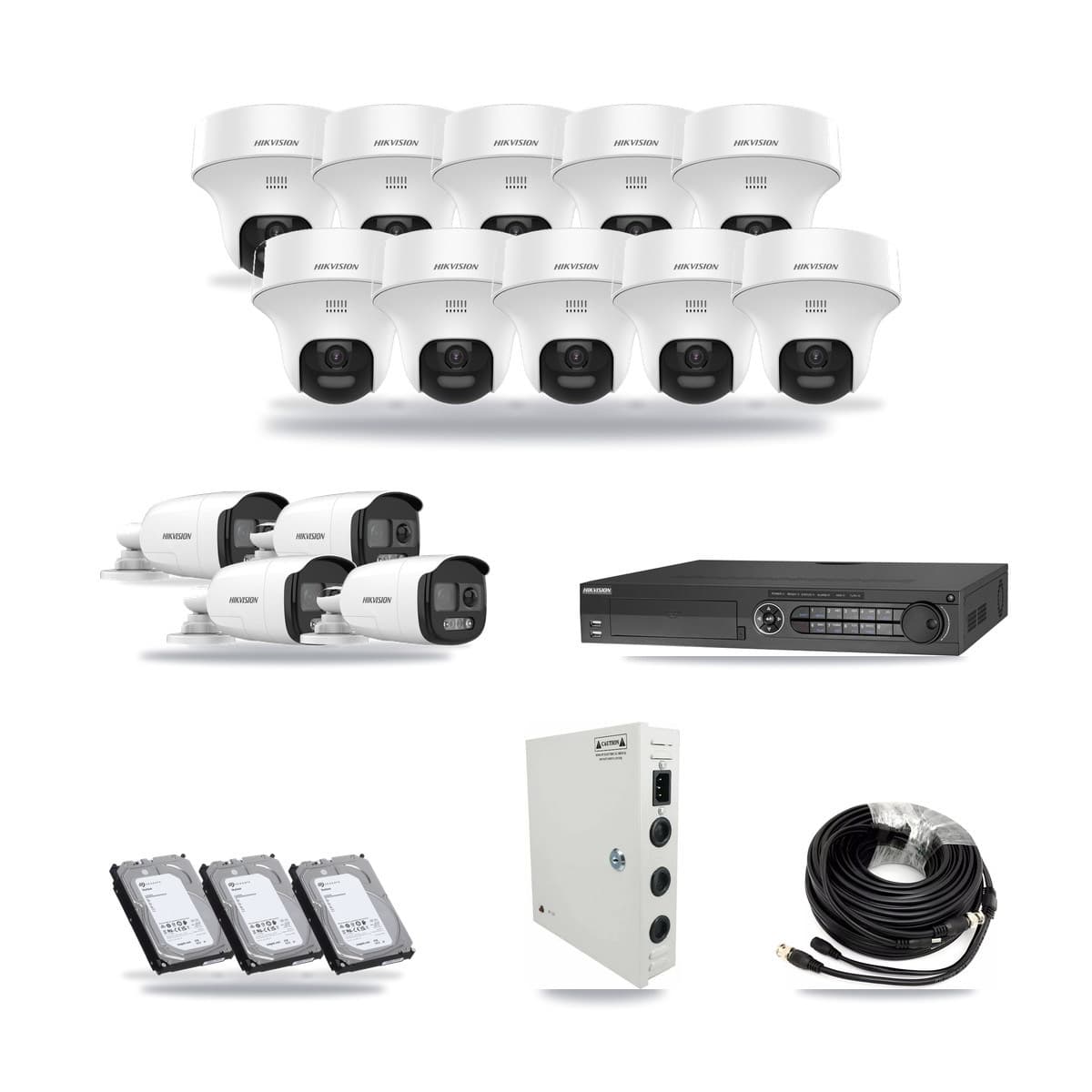 Hikvision 32-channel CCTV kit: 14 cameras (10× 5MP Turret + 4× 5MP Bullet), 3× 6TB hard drive