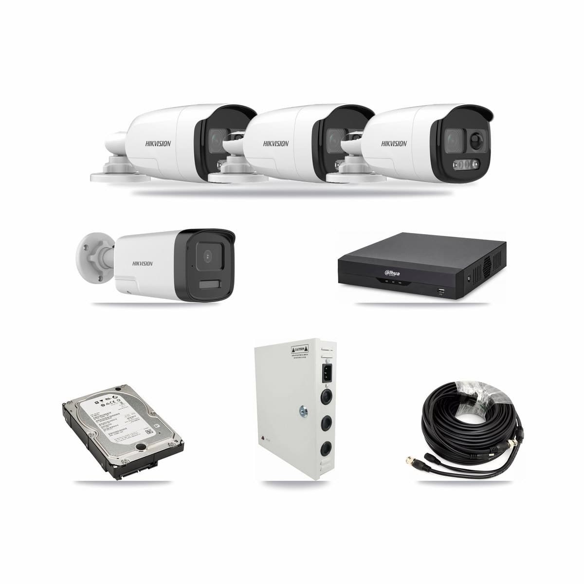Hikvision & Dahua 4-Channel 5MP CCTV Kit — 3 DS-2CE12KF3T + 1 DS-2CE17K0T Bullet Cameras + 5TB Recording - Image 1