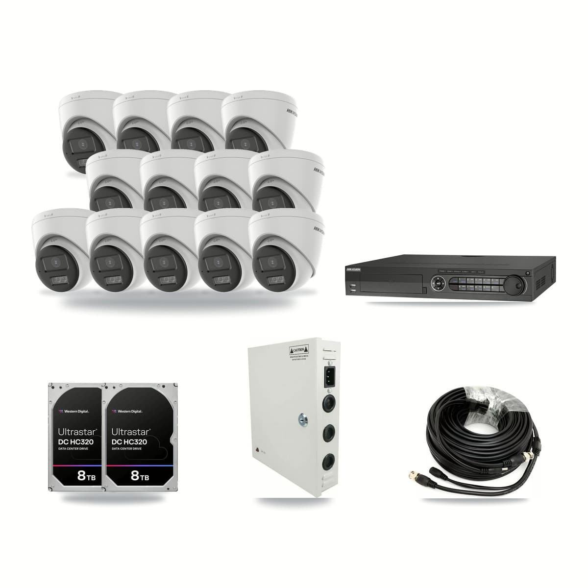 Hikvision 32-channel CCTV kit: 13 cameras (13× 5MP Turret), 2× 8TB hard drive