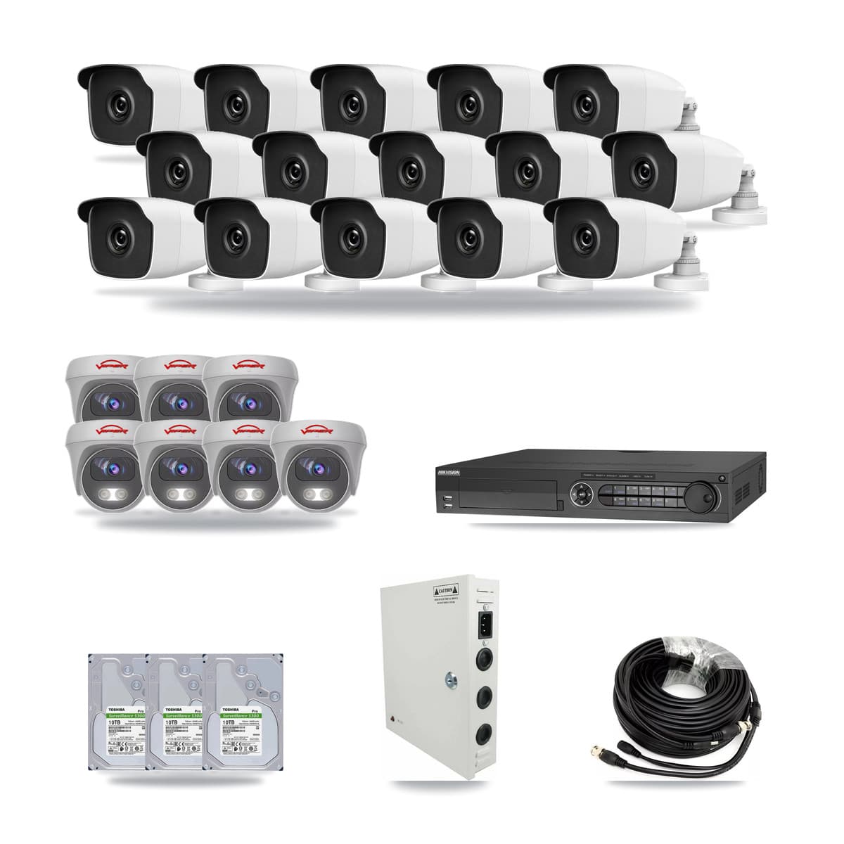 32-Channel 3MP – 5MP CCTV Kit — 15 3MP Bullet + 7 5MP Cameras + 3× 10TB Recording - Image 1