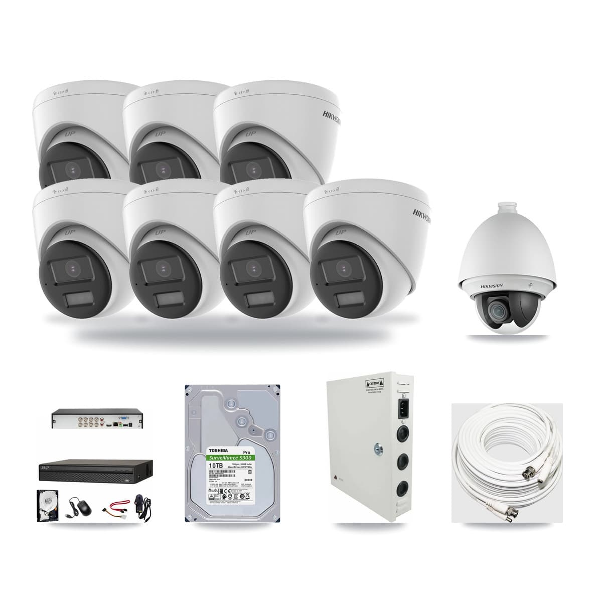 Dahua 8-channel CCTV kit: 8 cameras (7× 4K Turret + 1× 2MP PTZ), 10TB hard drive