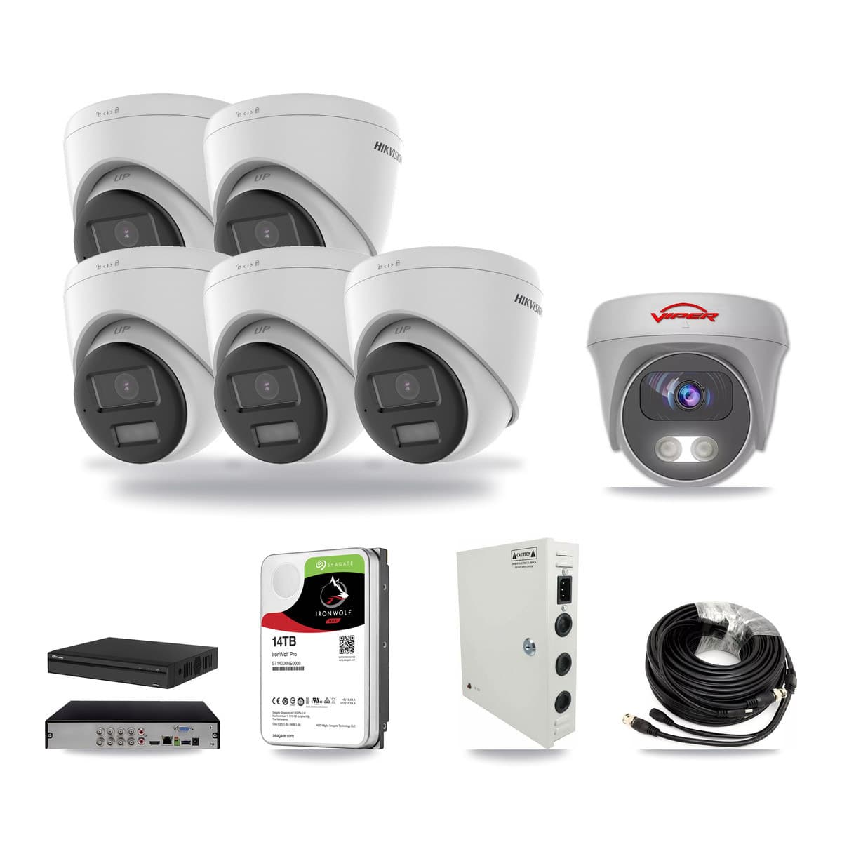 Prolux 8-channel CCTV kit: 6 cameras (5× 4K Turret + 1× 5MP Camera), 14TB hard drive