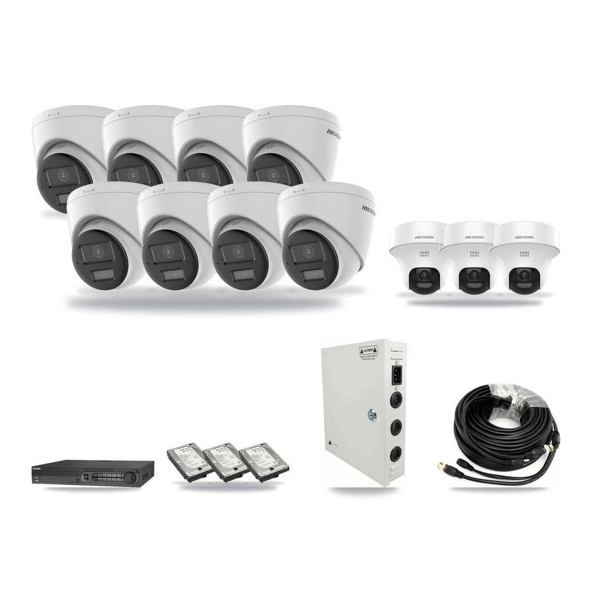 Hikvision 32-channel CCTV kit: 11 cameras (8× 5MP Turret DS-2CE78K0T + 3× 5MP Turret DS-2CE70K0T), 3× 5TB hard drive