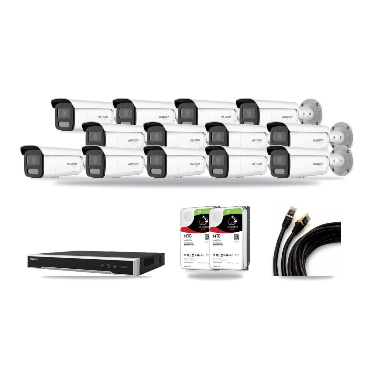 Hikvision 16-channel CCTV kit: 13 cameras (9× 4K Bullet + 4× 4MP Bullet), 2× 14TB hard drive