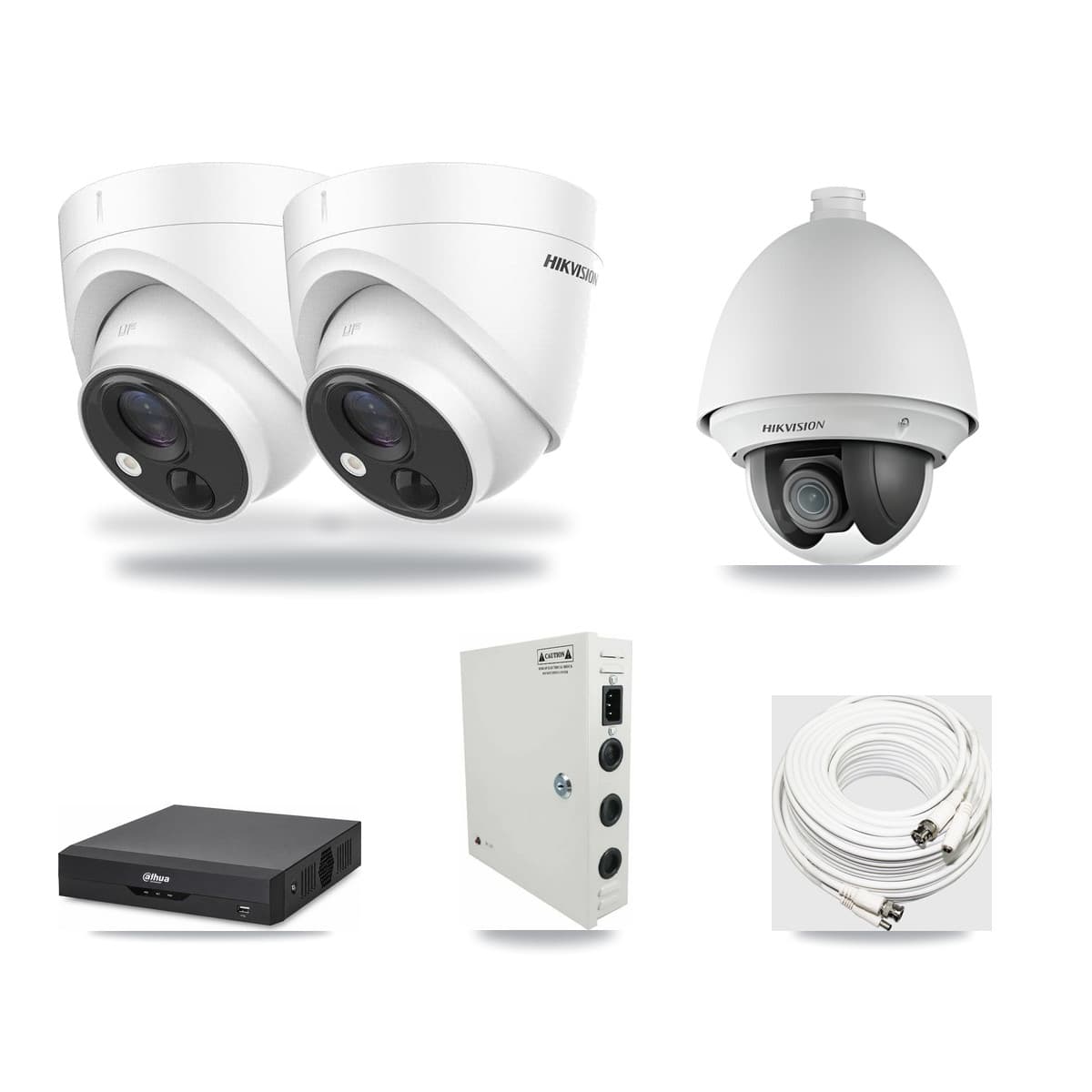 Hikvision & Dahua 4-Channel 2MP – 5MP CCTV Kit — 1 DS-2AE4225T 2MP PTZ + 2 DS-2CE71H0T 5MP Turret Cameras + 3TB Recording - Image 1