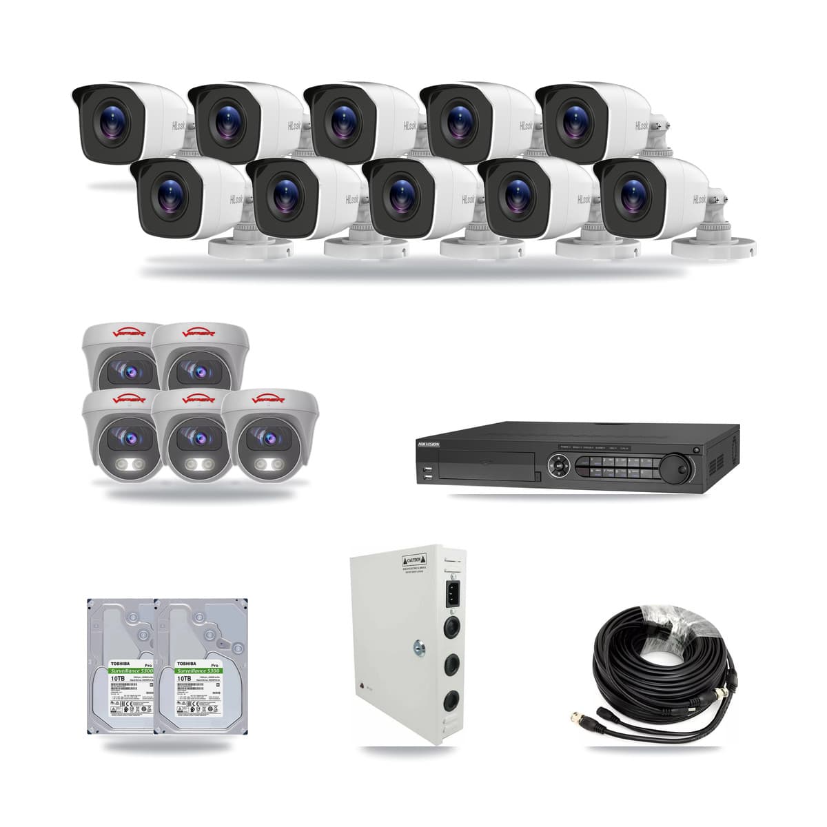 32-Channel 4MP – 5MP CCTV Kit — 10 4MP Bullet + 5 White 5MP Cameras + 2× 10TB Recording (IDS-7332HUHI Recorder) - Image 1